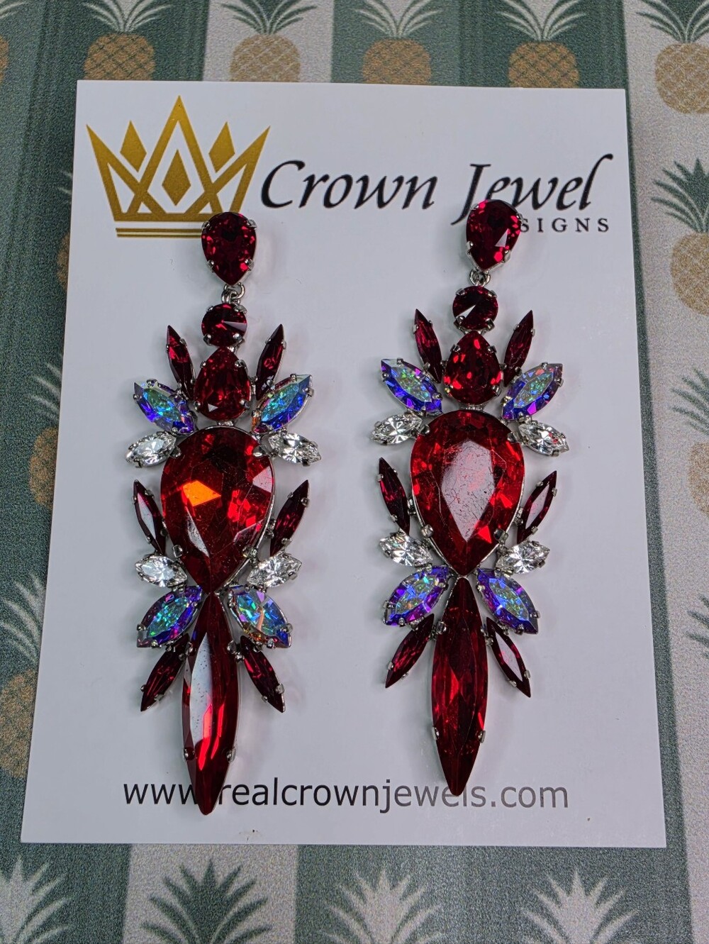 Custom Crown Jewel Red Crystal Statement Drop Earrings